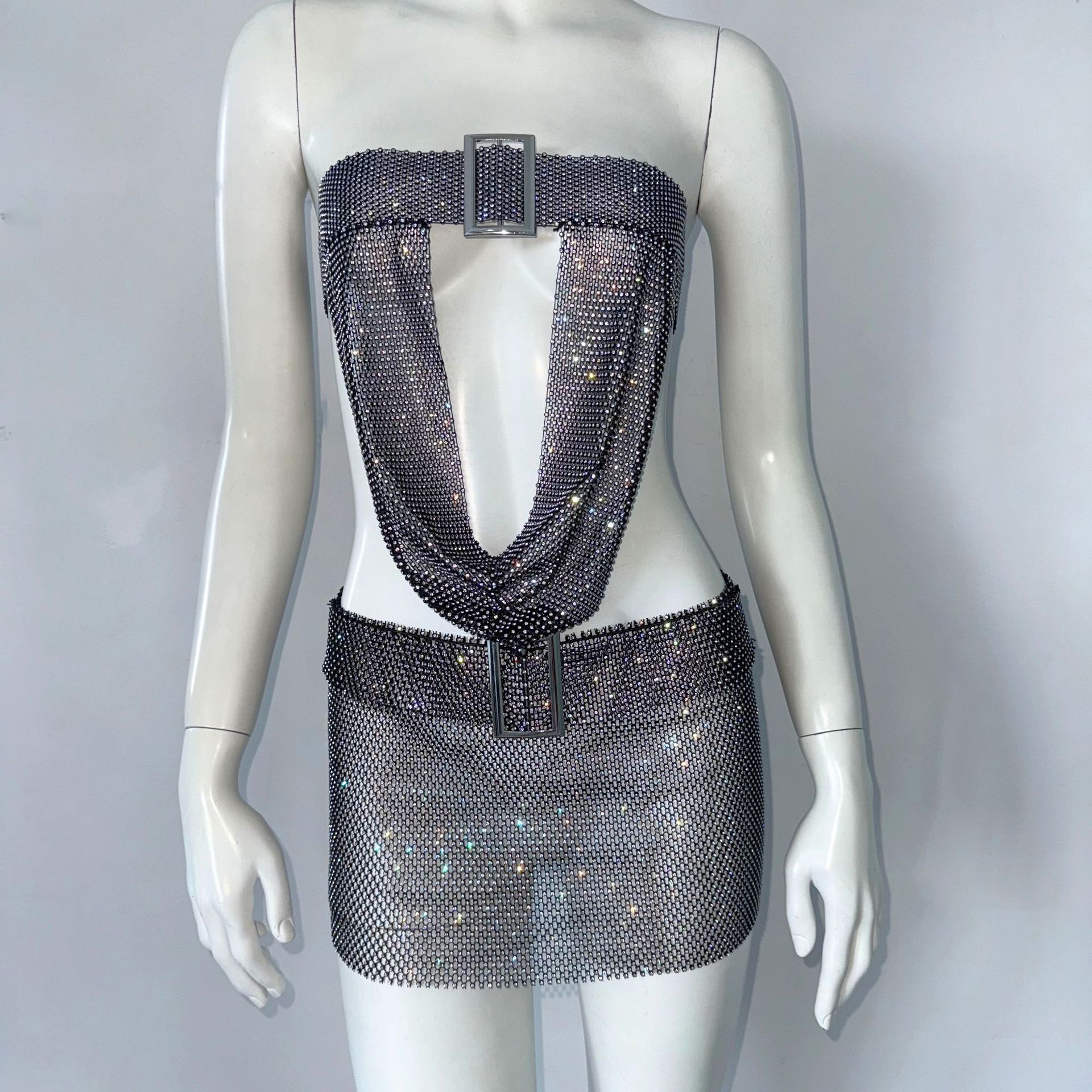 Dress Deep V-neck Strap Mesh Rhinestone Tube Top