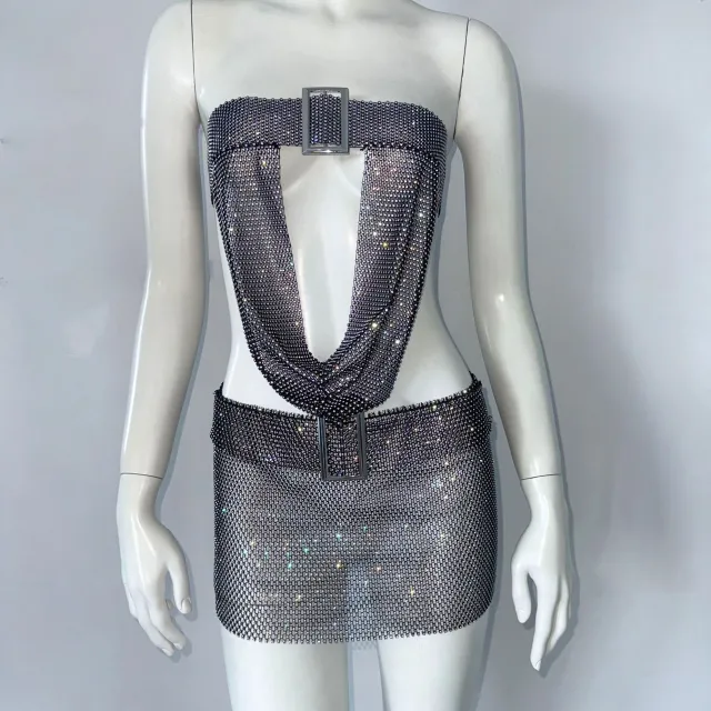 Dress Deep V neck Strap Mesh Rhinestone Tube Top Black - Shop at LoveMi