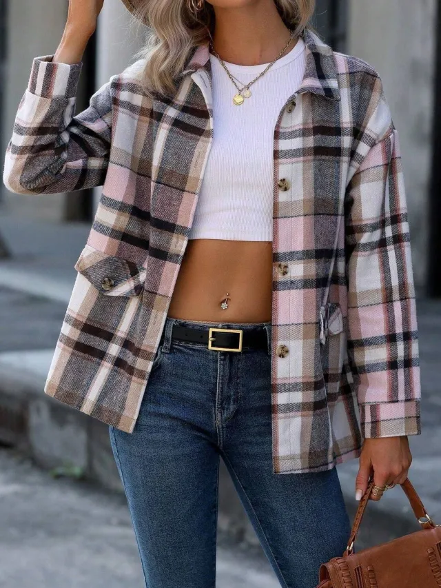 Autumn Winter Women's Wear Drop shoulder Long sleeve Lapel Loose Plaid Casual Shirt Coat Pink - Shop at LoveMi