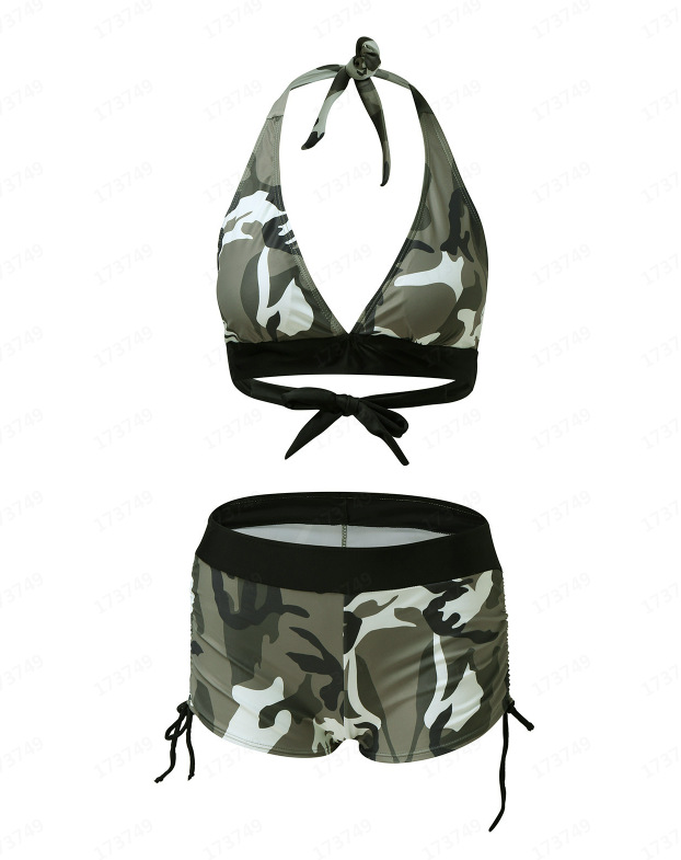 Women’s Camouflage High Waist Flat Drawstring Bikini Swimsuit Camouflage Color