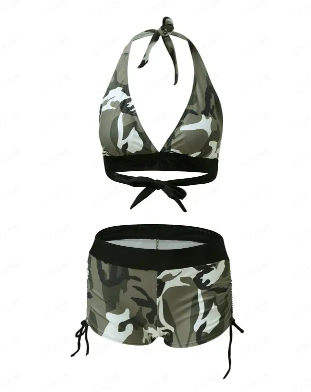 Women's Camouflage High Waist Flat Drawstring Bikini Swimsuit Camouflage Color