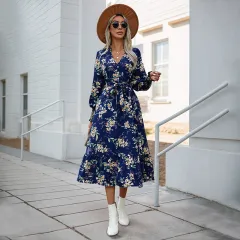 Autumn New European And American Women's Clothing Cross-border Long Sleeve Flower Print Dress - Dark Blue - View 1