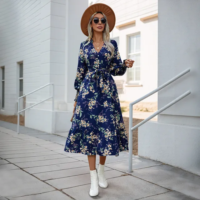 Autumn New European And American Women's Clothing Cross border Long Sleeve Flower Print Dress Dark Blue - Shop at LoveMi