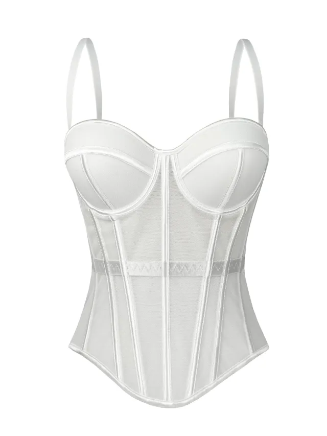 European And American Solid Color Fashion Fishbone Corset Waist tight Slimming Mesh Camisole White - Shop at LoveMi