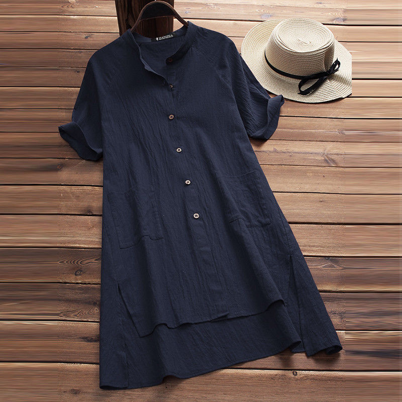 Casual Womens Raglan-sleeve Cotton-linen Top With Buttoned Pockets