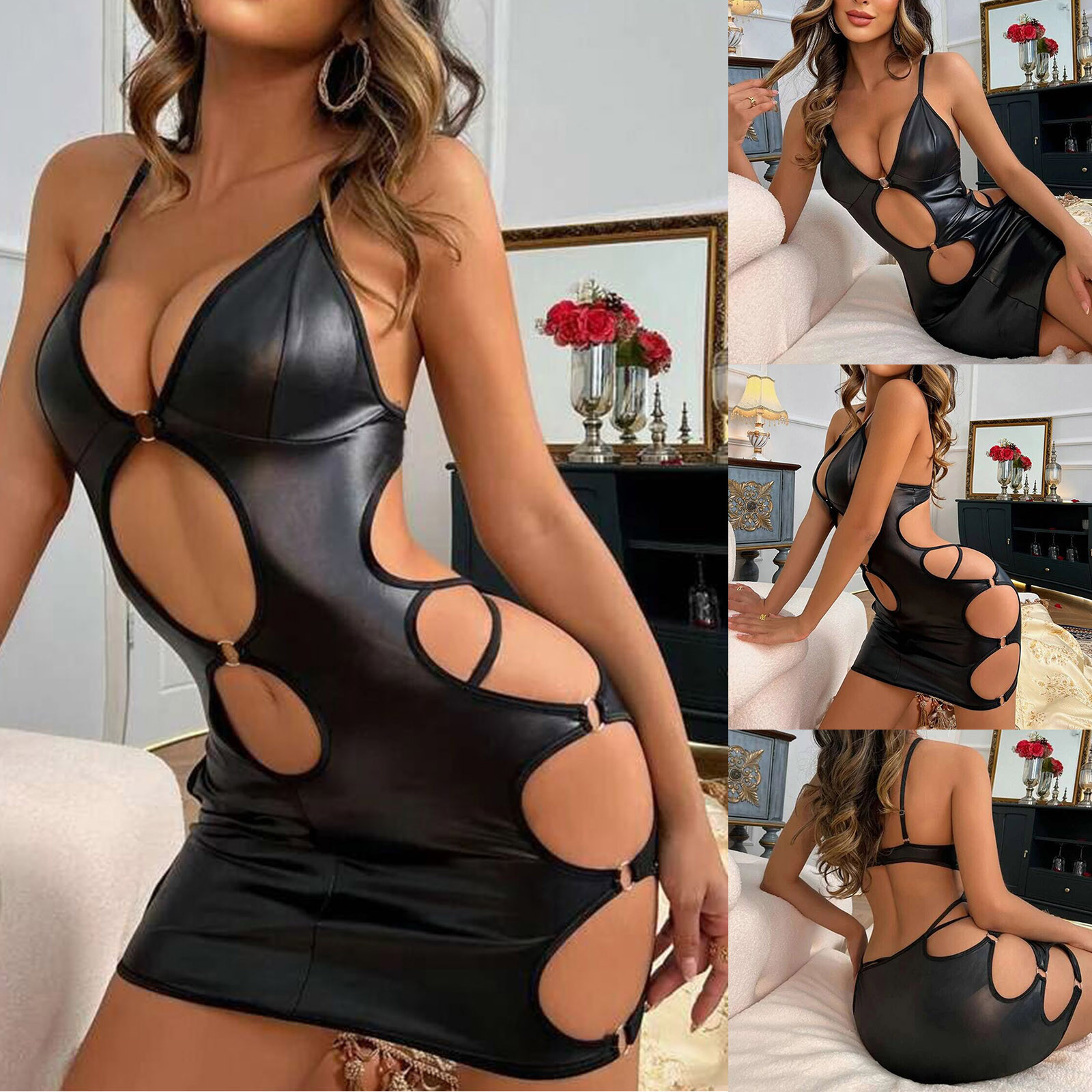 European And American Foreign Trade Sexy Lingerie Sexy Black Patent Leather Halter Hollow out Dress Game Outfit Black - Shop at LoveMi