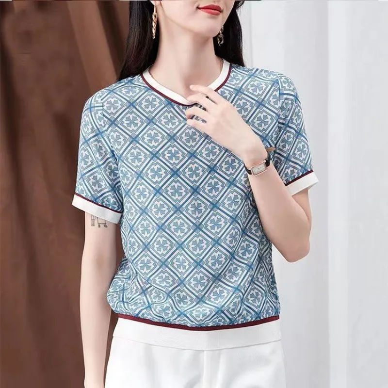 Artificial Silk Loose Slimming Ice Silk Top Printed Chiffon Shirt Fashionable Temperament Short Sleeve T-shirt - 34 Blue Plaid