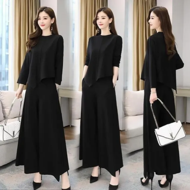 Spring And Autumn Wide leg Pants Set Casual Stylish Culottes Two piece Black - Shop at LoveMi