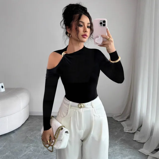 Asymmetric Collar One side Off the shoulder Metal Decorative Slim Top Black - Shop at LoveMi