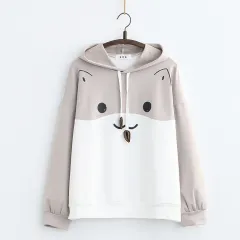 Japanese College Style Sweet Cute Cartoon Cat Printing Loose Hooded Sweater - Gray - View 1