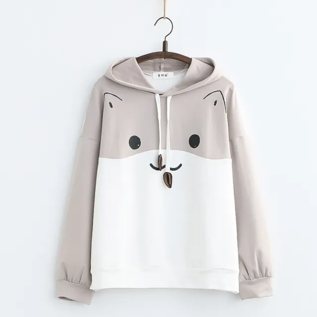 Japanese College Style Sweet Cute Cartoon Cat Printing Loose Hooded Sweater Gray - Shop at LoveMi