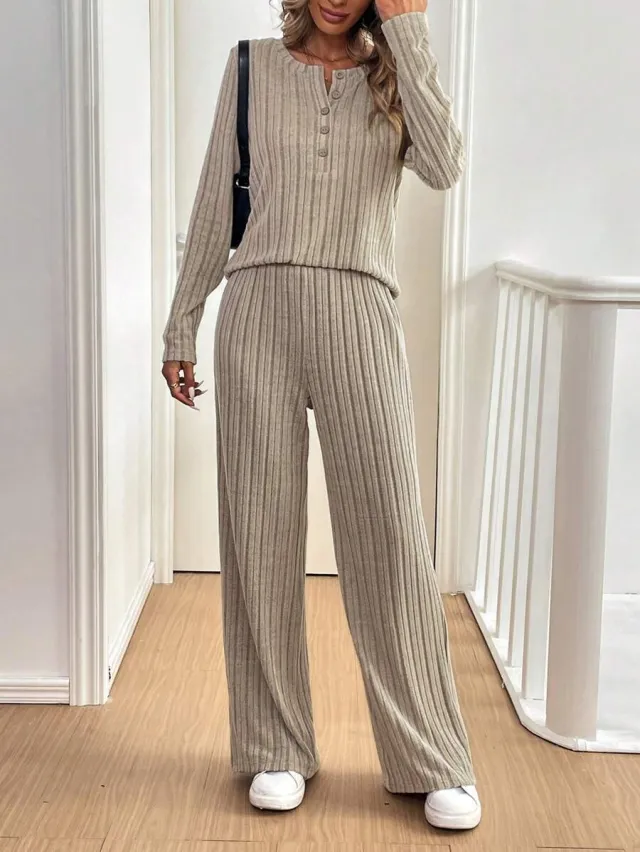 Loose Button Pit Stripes Knitting Suit Beige - Shop at LoveMi