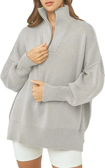 Women's Long Sleeve 14 Zip Pullover Split Solid Color Sweater Gray - Shop at LoveMi