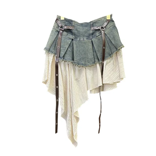 Retro Patchwork Denim Pleated Skirt Blue - Shop at LoveMi