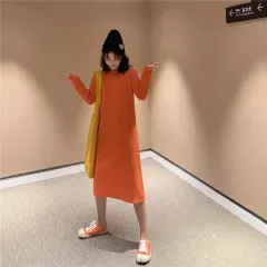 Loose-fitting Figure-flattering Long-sleeved Straight-cut Solid-colour Dress - Orange - View 1