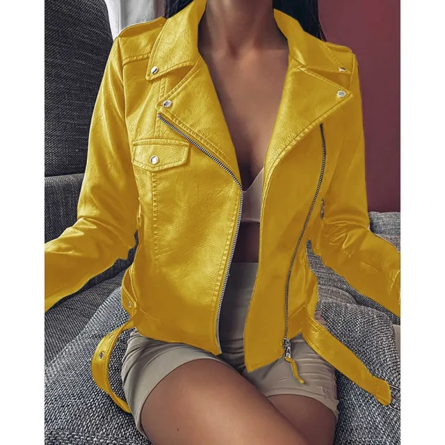Plus Size Women's Short Coat PU Motorcycle Clothing Slim Winter Leather Jacket Yellow - Shop at LoveMi