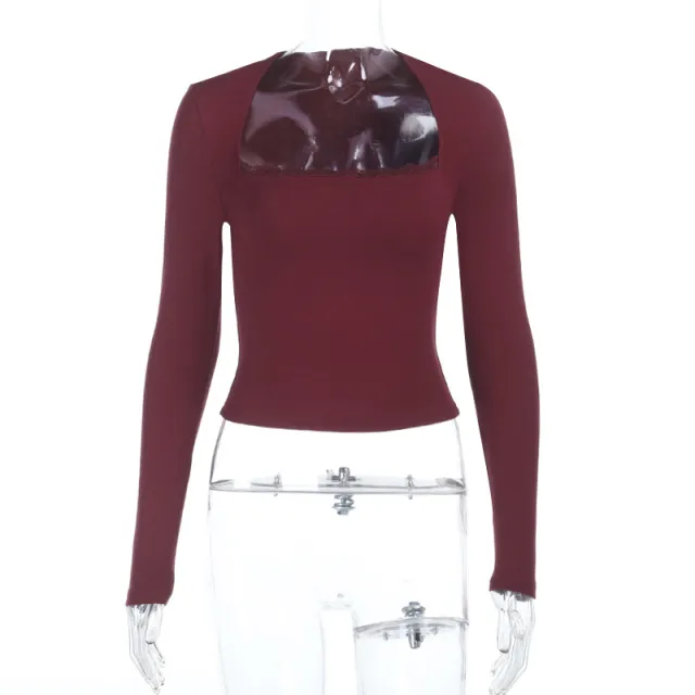 Square Collar Top Slim Fit Slimming Long Sleeves Commuter T shirt Wine - Shop at LoveMi