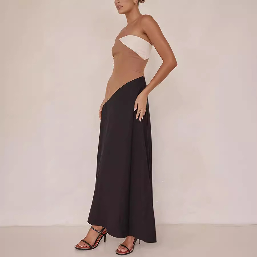 Women's Fashion Color Contrast Stitching Sleeveless Tube Top Skinny Sheath Maxi Dress