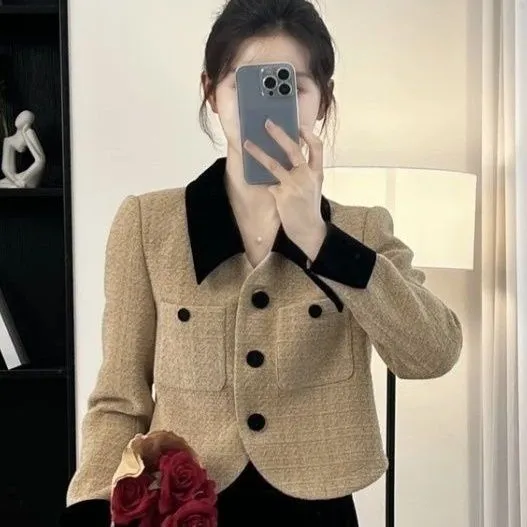 Temperament Slimming Design Velvet Short Stitching Jacket Coffee - Shop at LoveMi