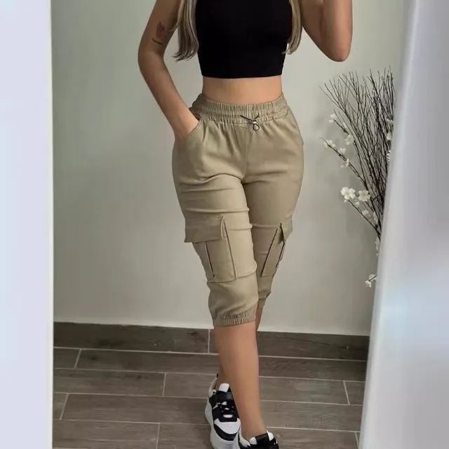 Women's Casual Multi pocket Solid Color Cropped Pants Olive - Shop at LoveMi