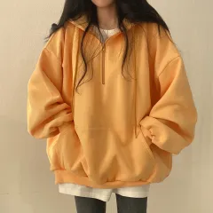 Autumn And Winter Fleece-lined Pullover Zipper Hooded Sweater For Women - 600 Yellow With Fleece Lining - View 1
