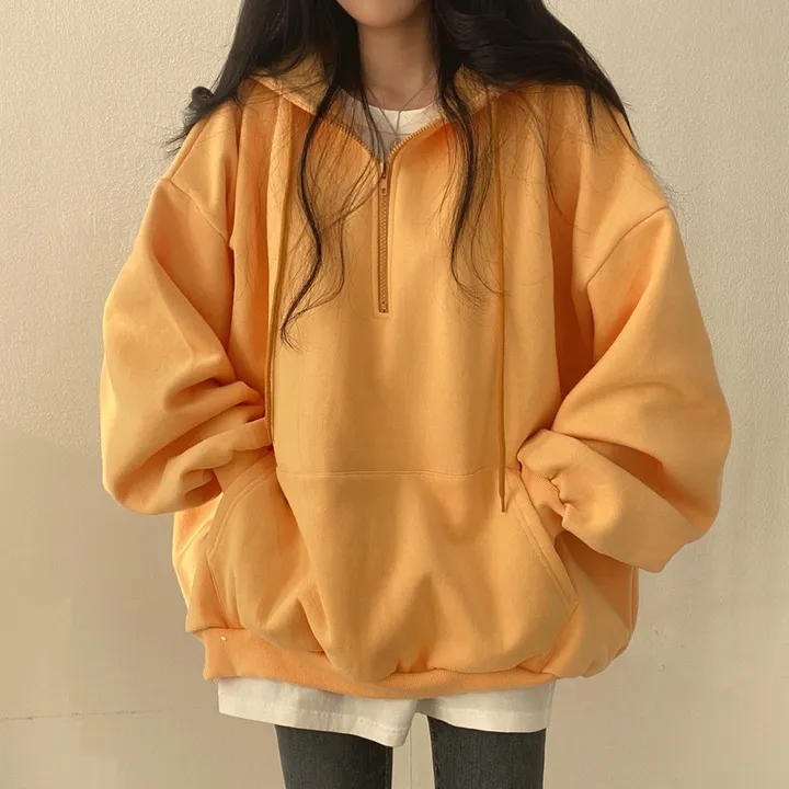 Autumn And Winter Fleece-lined Pullover Zipper Hooded Sweater For Women - 600 Yellow With Fleece Lining