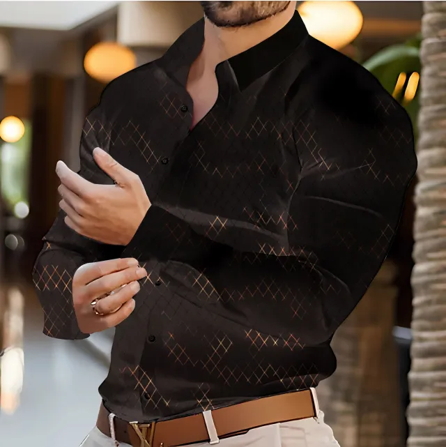 Stylish Mens Casual Long Sleeve Shirt With Geometric Gold Stamped Print Black - Shop at LoveMi