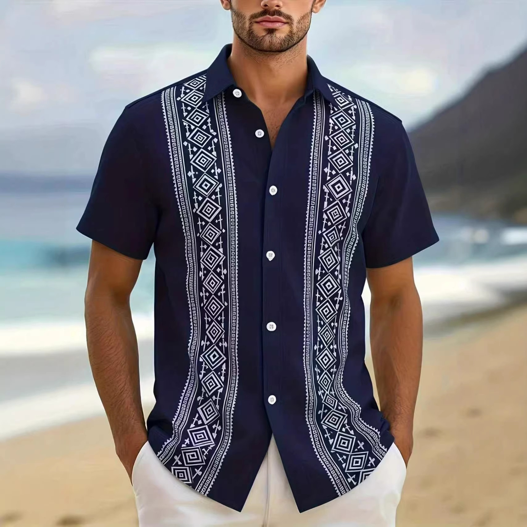 Striped Smart Casual Men’s Short Sleeve Shirt, 3 D Print