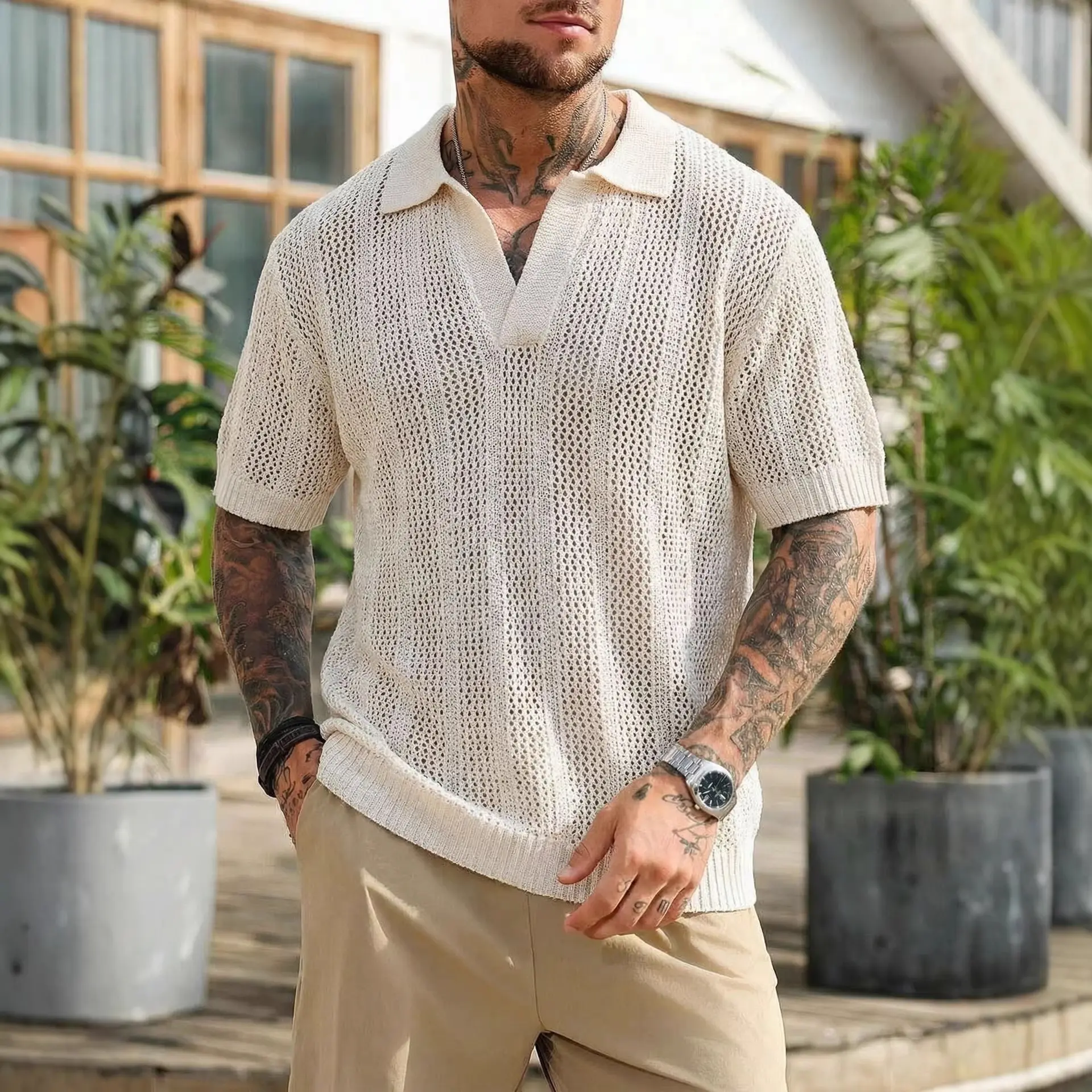 Mens Relaxed-fit Knitted Vacation-style Thin Short-sleeve Sweater