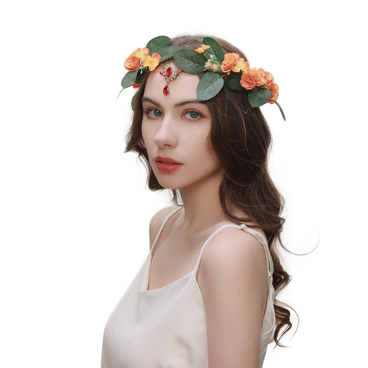 Artificial Flower Handmade Mori Style Green Leaf Female Hair Hoop Orange Flower Pendant Garland - Shop at LoveMi