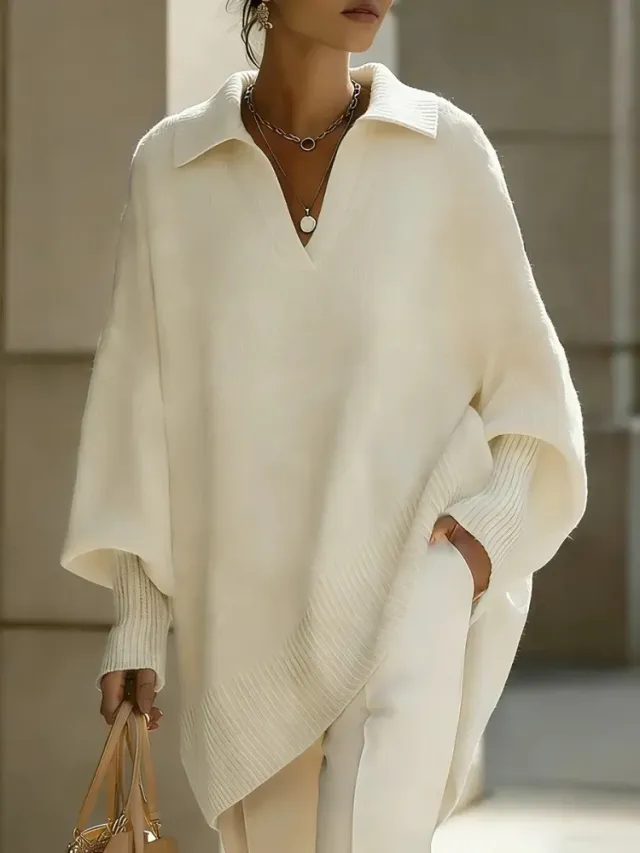 Lapel collar Loose fit Solid color Sweater With Lantern Sleeves Ivory - Shop at LoveMi