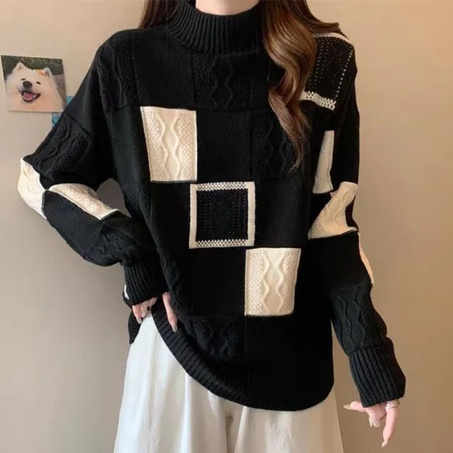 Women's High grade Color Matching Plaid Sweater Black - Shop at LoveMi