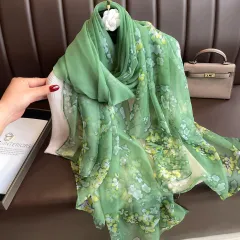 Peony Silk Scarf Women's Long Sun Protection - Green - View 1