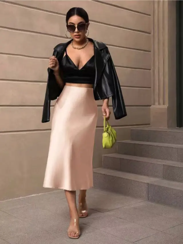 European And American Elegant Style A Line Satin Skirt Skin Color - Shop at LoveMi