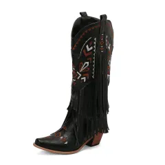 High Heel Tassel Decoration Below The Knee Western Cowboy Boot - Black - View 1