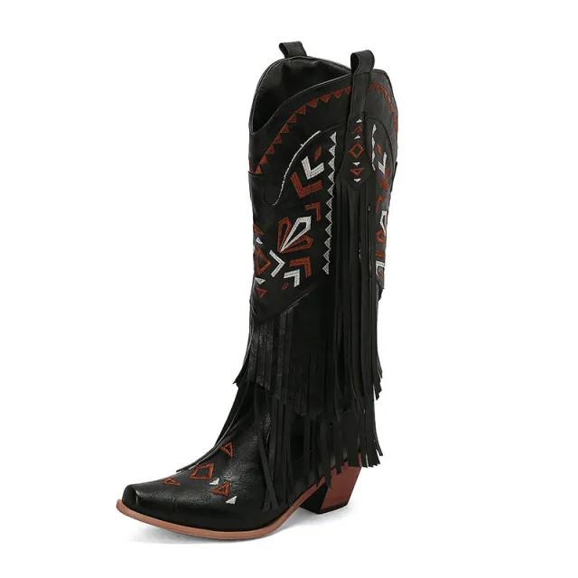 High Heel Tassel Decoration Below The Knee Western Cowboy Boot Black - Shop at LoveMi