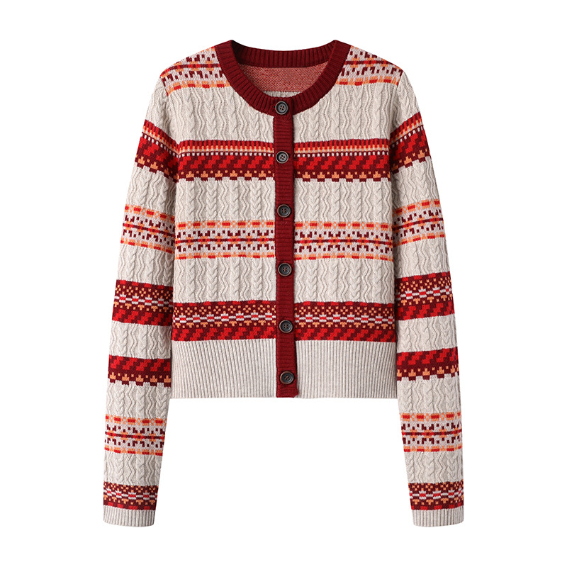 Red Striped Knitted Cardigan Round Neck Western Style Youthful-looking Top For Women
