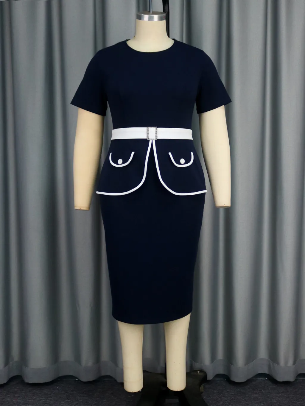 Round Neck Fashion Temperament Sheath Belt Buckle Ruffled Slimming Dress - Dark Blue