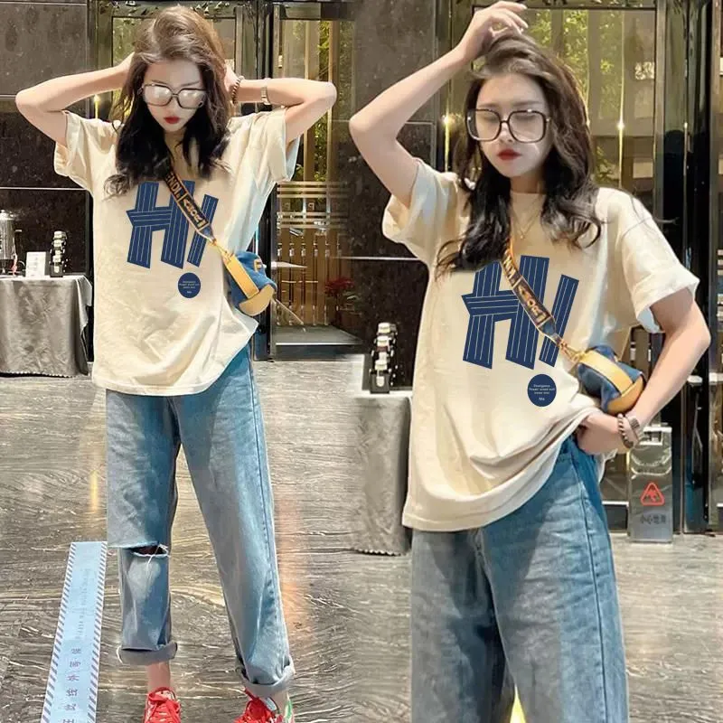 All-matching Letter Print Short-sleeve T-shirt Women's Round Neck Top - Apricot Hi