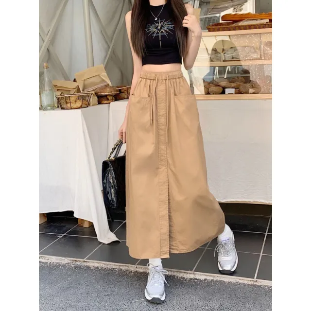 Women's Korean Style Sense Of Design Washed Cotton Midi Skirt Khaki - Shop at LoveMi