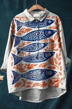 Women's Retro Fish Art Print Lapel Long Sleeve Shirt 8D759 - Shop at LoveMi