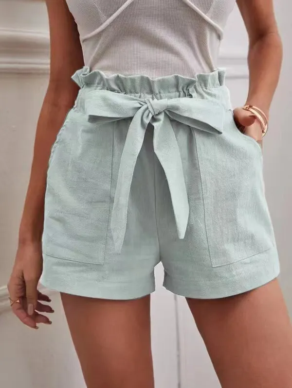 Loose Cotton And Linen Casual Pocket High Waist Wide Leg Shorts Mint Green - Shop at LoveMi
