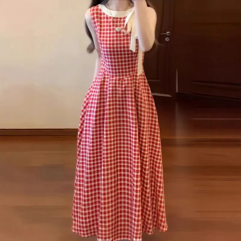 Women's Lace Up Fashion Plaid Waist-tight Dress - Red