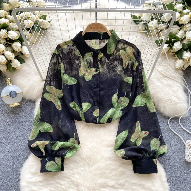 French Retro Tulle Floral Shirt For Women Summer Black Background Green Flowers - Shop at LoveMi