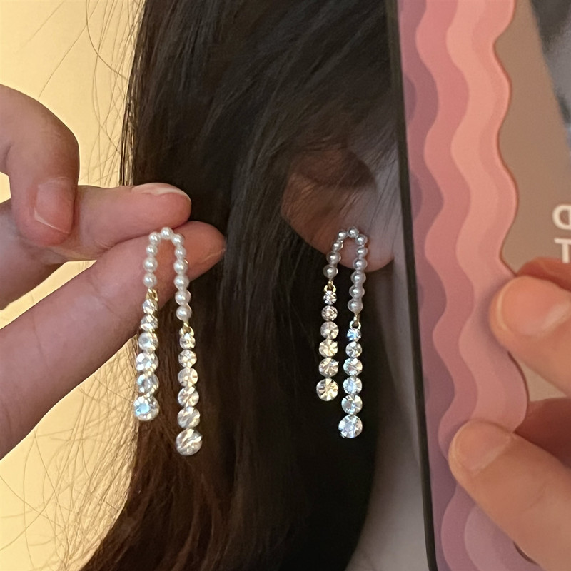 Needle Pearl Rhinestone Tassel Earrings Light Luxury Few Zircon Elegant Internet Celebrity Stitching Stud Earrings