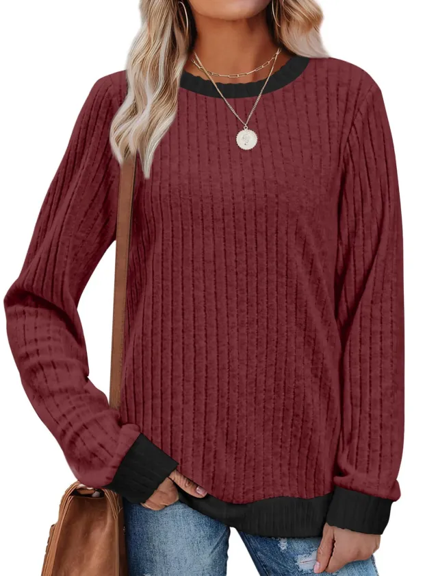 Color Matching Casual Round Neck Pullover Long Sleeve Top Wine Red - Shop at LoveMi