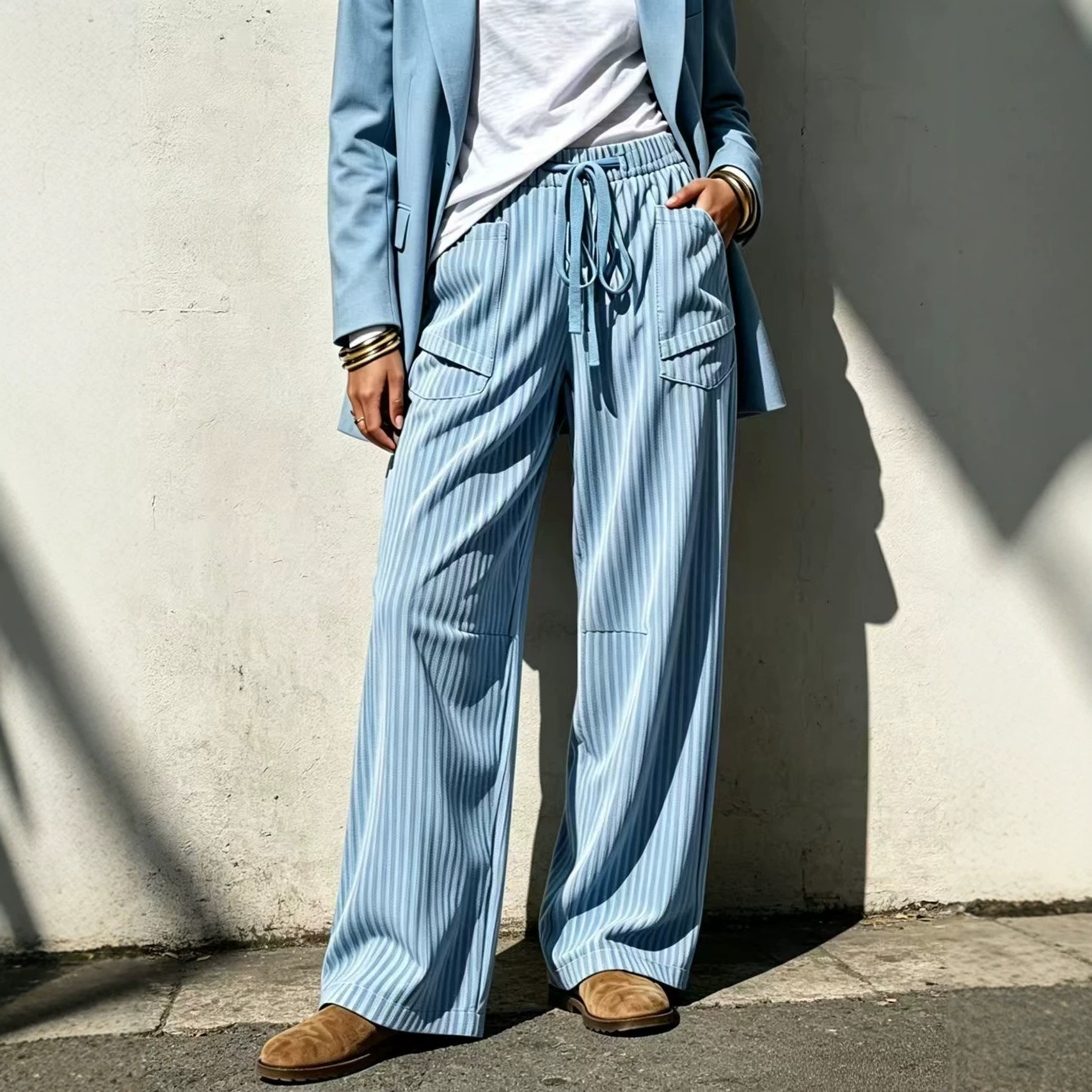 Womens Casual Loose-Fit Long Pants With Drawstring Pockets