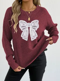 Women's Round Neck Embroidered Lace Butterfly Stitching Woven Sweater - Wine Red - View 1