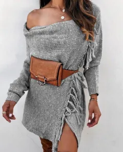 European And American Knitted Tassel Sweater Coat - Grey - View 1