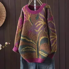 Round Neck Floral Print Retro Style Artistic Sweater - Floral - View 1
